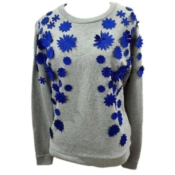 𝅺J crew gray sweater with 3D royal blue floral - Picture 1 of 16